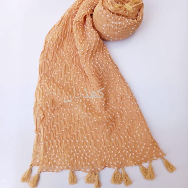 Dusty Gold Hand Knotted Chunri Dupatta in Pure Lawn Fabric with Tassel Detailing Pakistan Rohi Khaddian