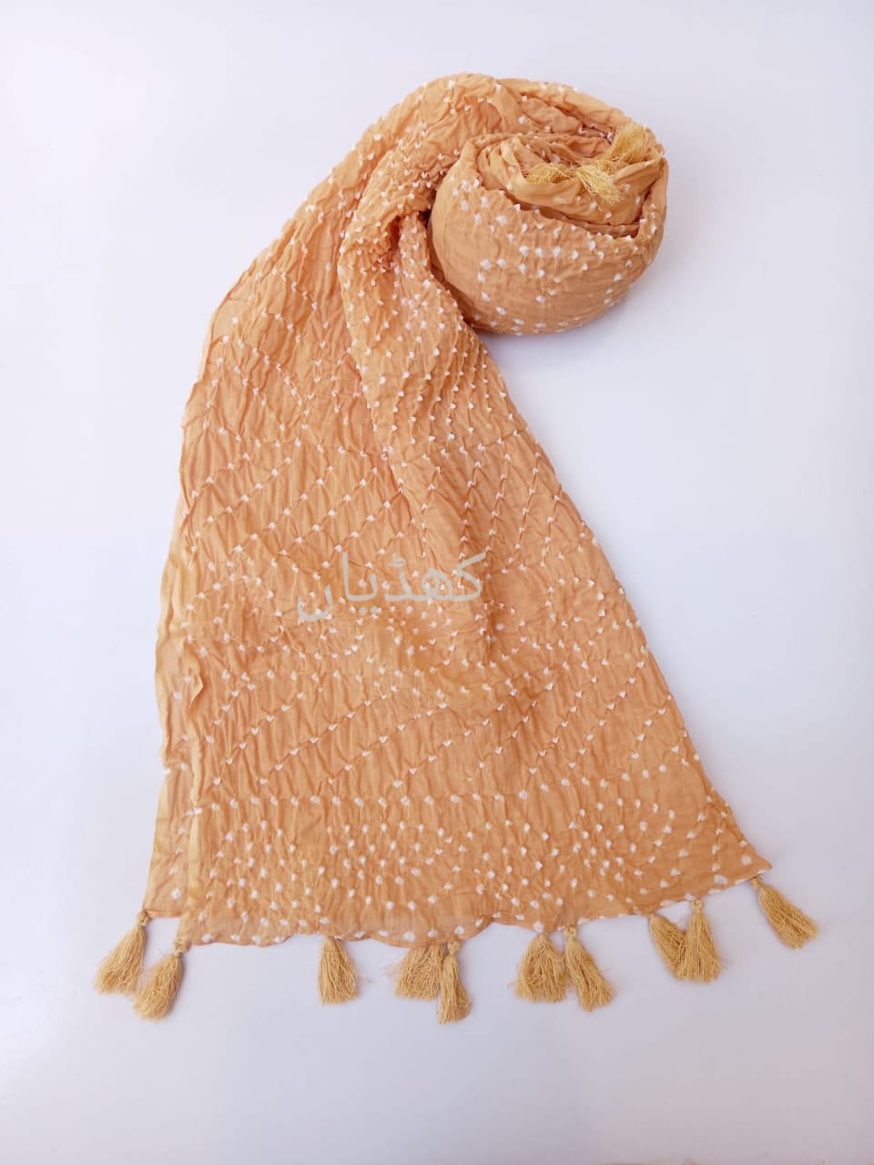 Dusty Gold Hand Knotted Chunri Dupatta in Pure Lawn Fabric with Tassel Detailing Pakistan Rohi Khaddian