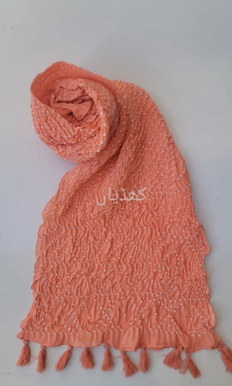 Fresh Peach Hand Knotted Chunri Dupatta in Pure Lawn with Elegant Tassels Pakistan