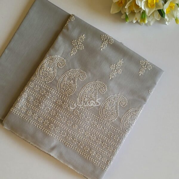 Pearl Grey Hand Embroidered Lawn Unstitched Suit 2 Piece Dress Pakistan
