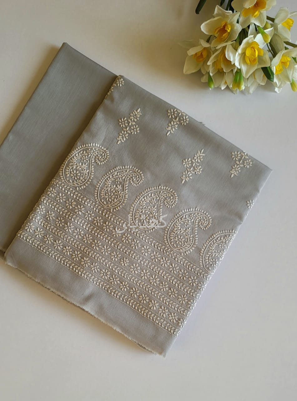 Pearl Grey Hand Embroidered Lawn Unstitched Suit 2 Piece Dress Pakistan