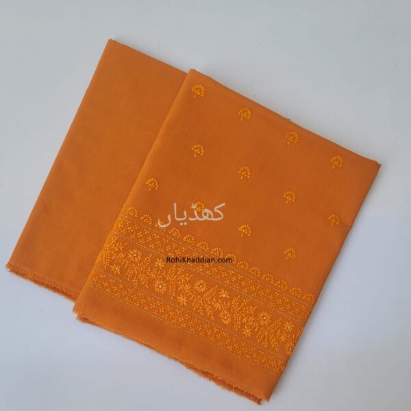 Burnished Orange hand embroidered hand woven cotton two piece unstitched suit for women in Pakistan
