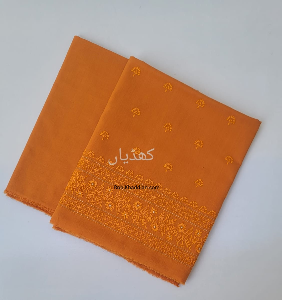 Burnished Orange hand embroidered hand woven cotton two piece unstitched suit for women in Pakistan