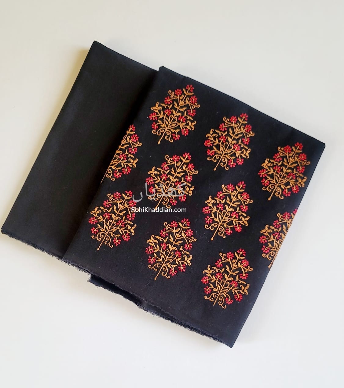 Rohi Ki Khaddian Midnight Black hand embroidered pure cotton khaddar 2 piece unstitched suit with floral embroidery for winter Pakistan