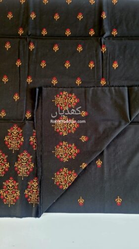Midnight Black pure cotton khaddar fabric with floral hand embroidery