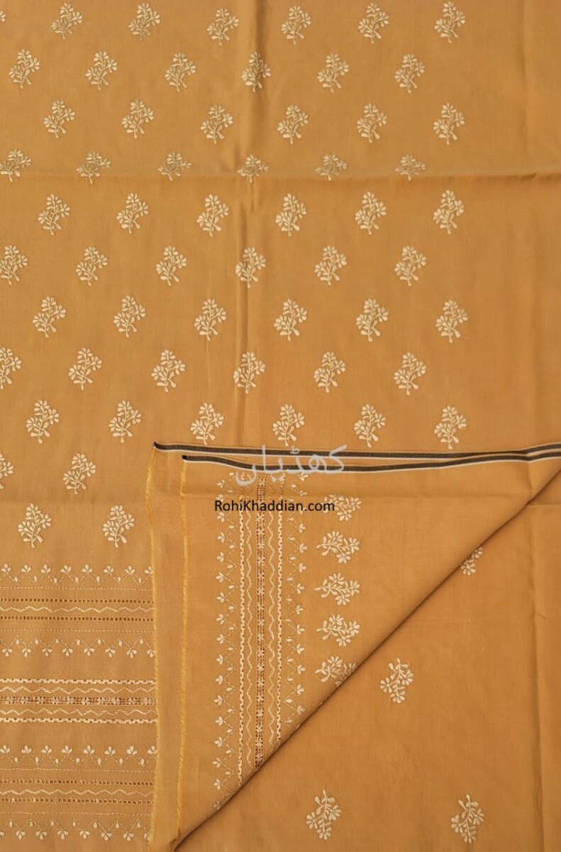Mustard hand woven cotton shirt fabric with delicate hand embroidery and Tarkashi detailing by Rohi Ki Khaddian