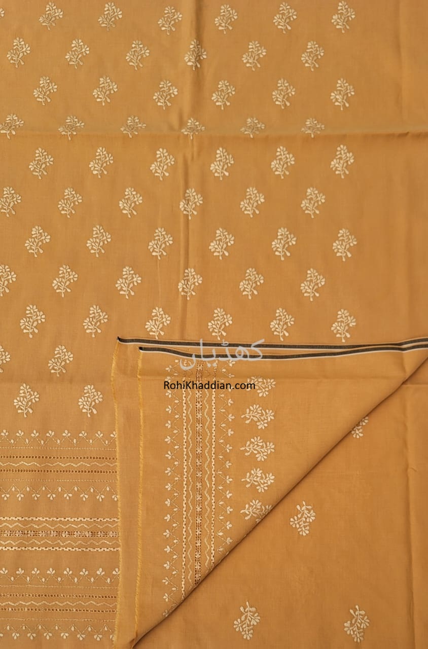 Mustard hand woven cotton shirt fabric with delicate hand embroidery and Tarkashi detailing by Rohi Ki Khaddian