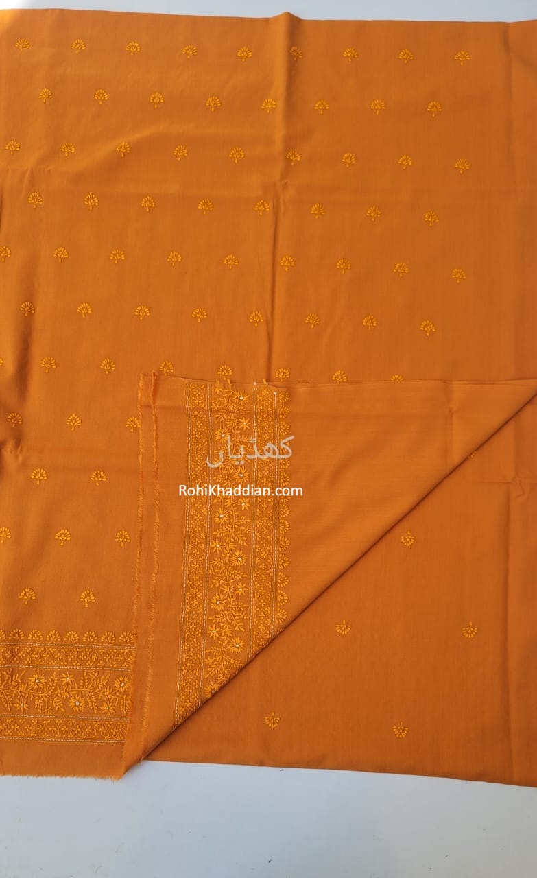 Burnished Orange Hand Embroidered Hand Woven Cotton Suit Pakistan