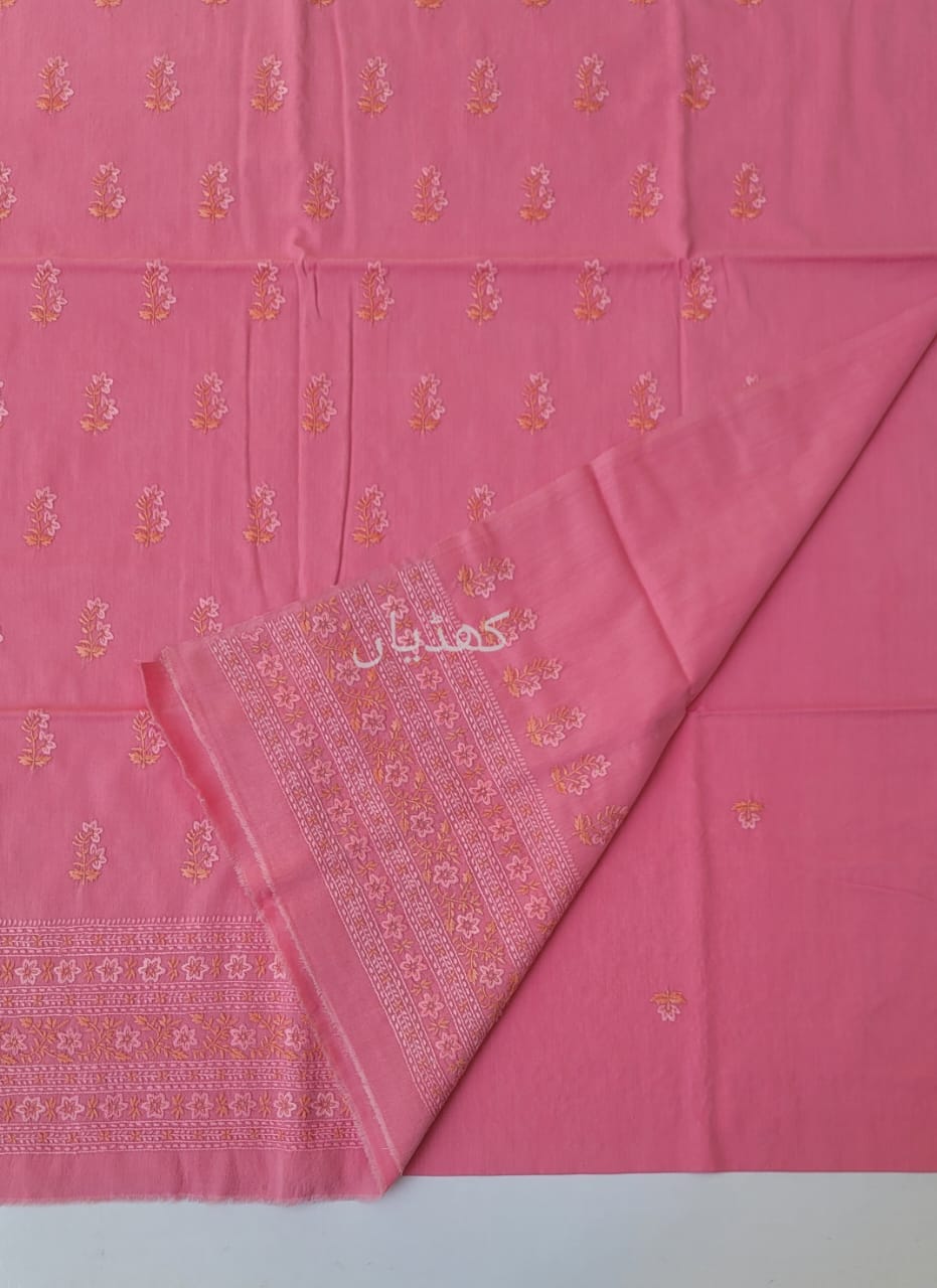 Candy Pink hand embroidered hand woven cotton 2 piece unstitched suit with floral embroidery on shirt front back and sleeves