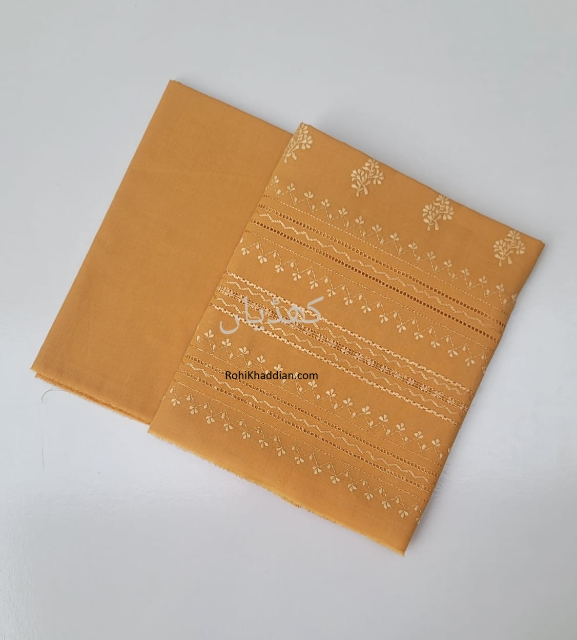 Mustard hand embroidered hand woven cotton two piece unstitched suit with Tarkashi on daman and sleeves Pakistan