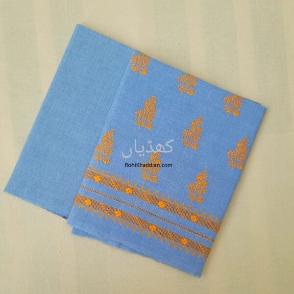 Sky Blue hand embroidered hand woven cotton two piece unstitched suit with Tarkashi detailing for winter Pakistan