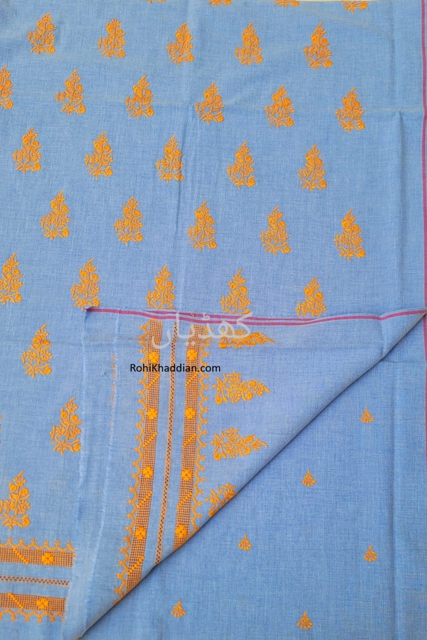 Sky Blue hand woven cotton fabric with golden hand embroidery and Tarkashi detailing by Rohi Ki Khaddian