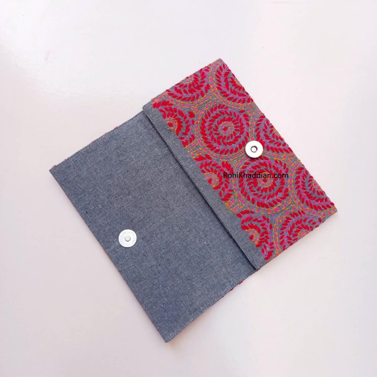 Charcoal Grey Hand Embroidered Wallet Rani Pink & Mustard-Gold with Magnetic Button