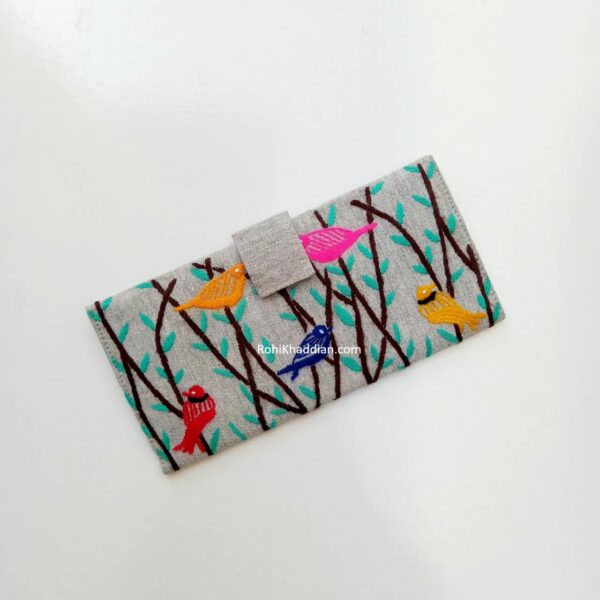 Hand Embroidered Bird Wallet in Light Grey Women Pakistan