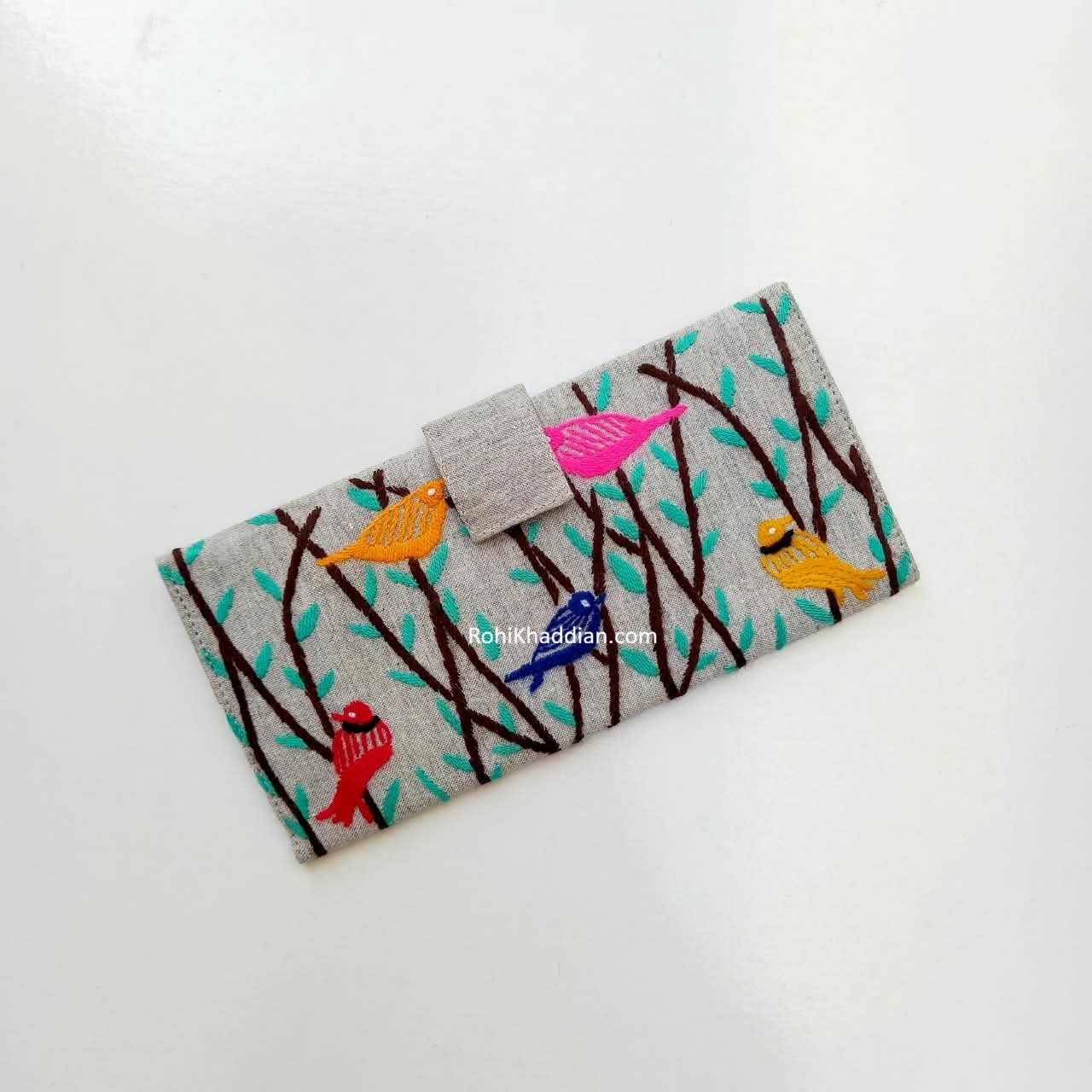 Hand Embroidered Bird Wallet in Light Grey Women Pakistan