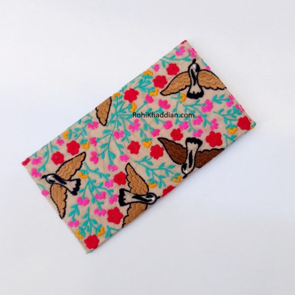 Starling Garden embroidered wallet with colorful bird and floral embroidery on a Beige base