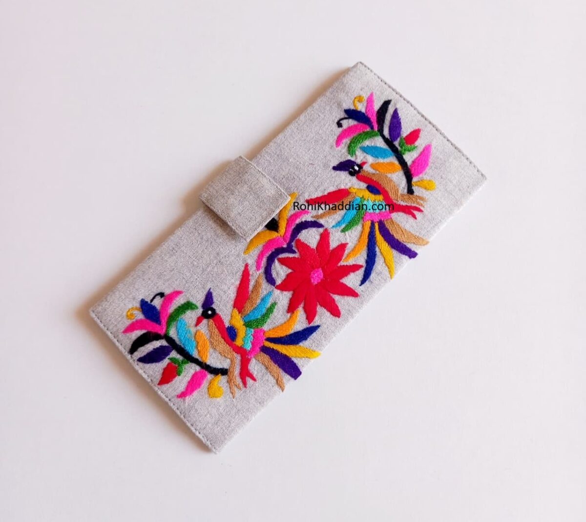 Tropical Paradise Wallet with colorful hand embroidered birds and flowers on Light Grey base