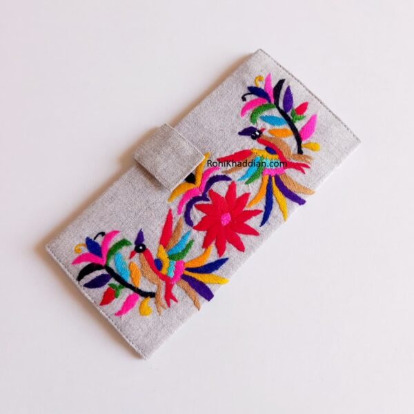 Tropical Paradise Wallet with colorful hand embroidered birds and flowers on Light Grey base