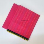 Fuchsia pink hand woven cotton suit with golden yellow Kantha Kari embroidery and contrasting black and white border by Rohi Ki Khaddian Pakistan. Copy file name