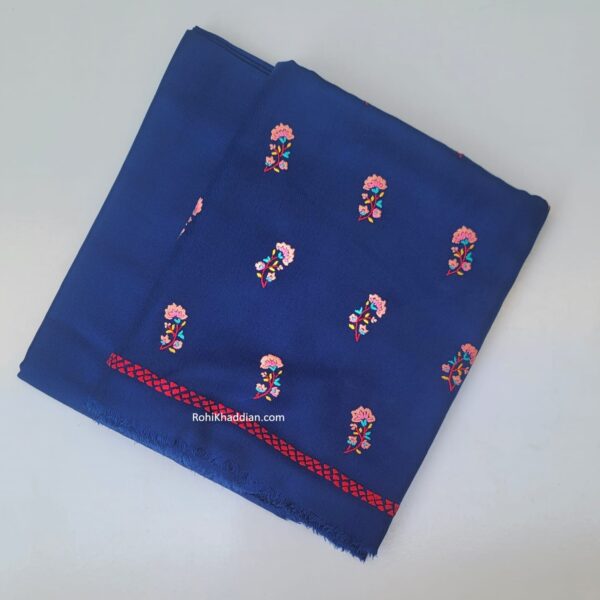 Navy blue pure Marina unstitched suit with multicolor floral hand embroidery and red border by Rohi Ki Khaddian Pakistan